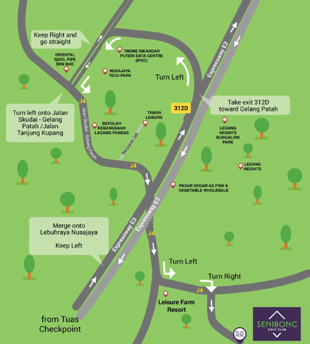 A map to Senibong Golf Club, showing the main expressway and nearby landmarks